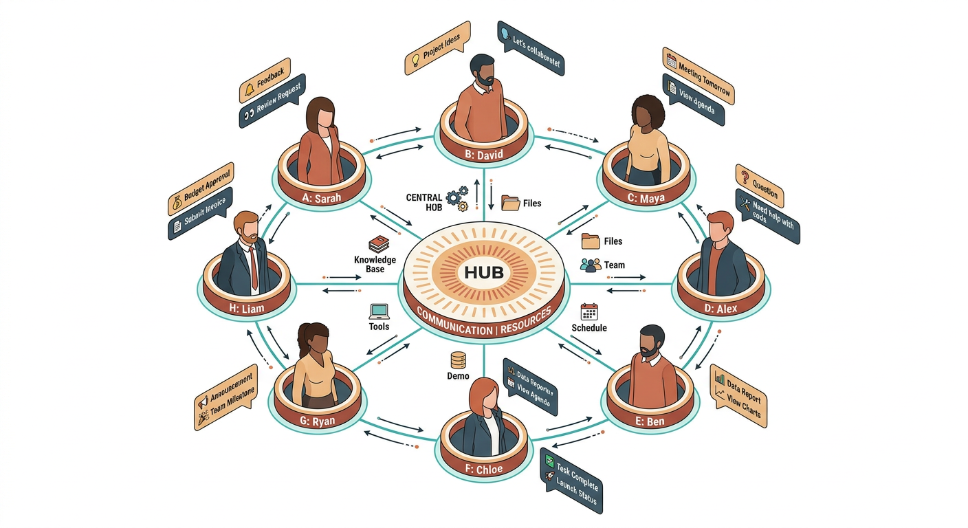 Isometric diagram showing a circle of connected people nodes around a central hub with chat bubbles and resource icons.