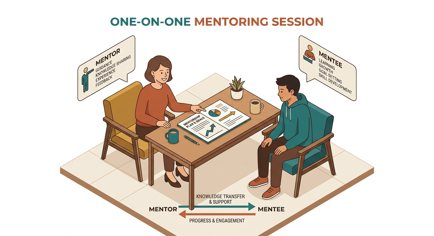 Isometric diagram showing two chairs facing each other across a desk with a shared document, representing one-on-one mentoring.