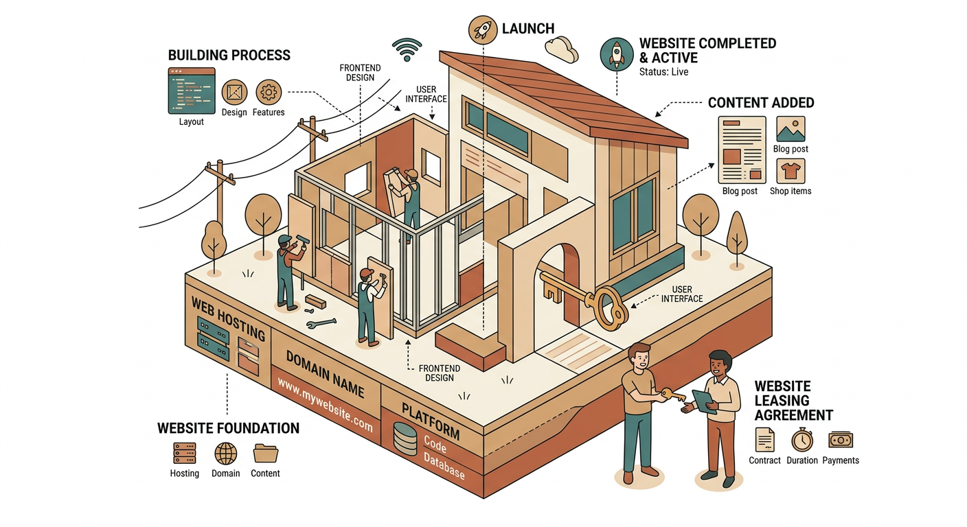Isometric diagram showing a small website house being built on a foundation with a key being handed over representing leasing.