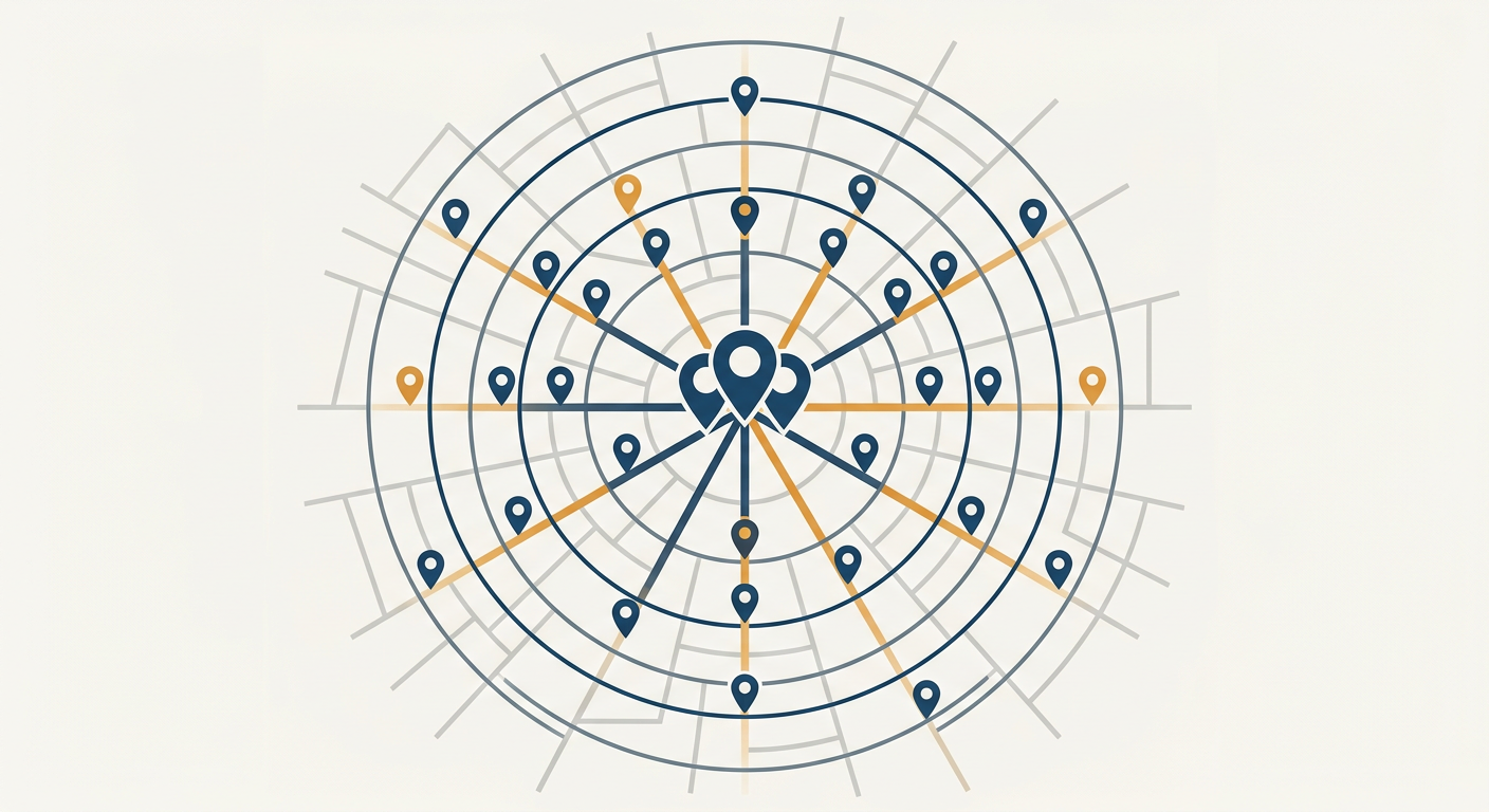 Diagram of a service area map showing plotted location markers clustered around a central point with radiating coverage rings.