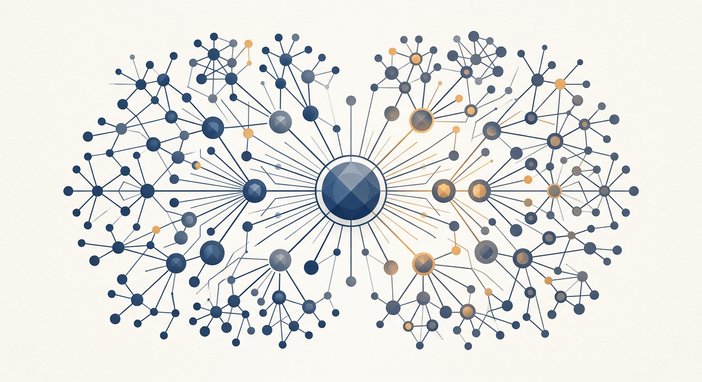 Network diagram of connected nodes forming an uneven mesh, with four highlighted nodes at the most connected points.